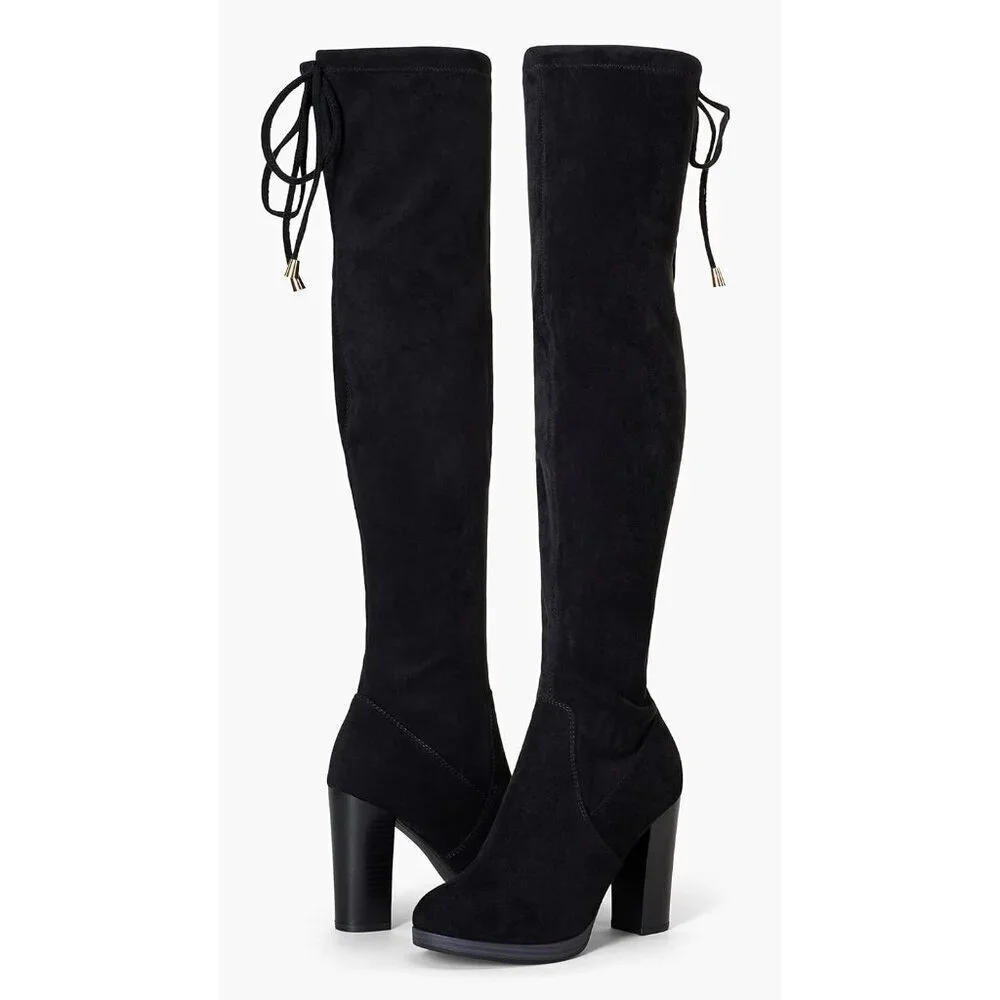Women's Black-imitation Grain Synthetic suede Thigh High Over The Knee Tall Boot